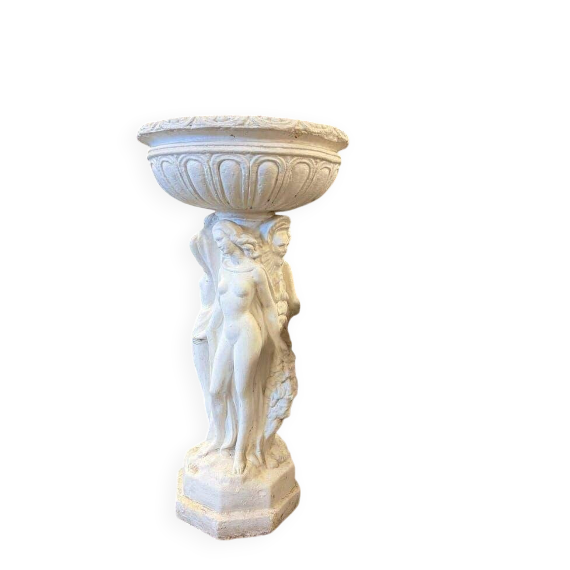 Vintage white concrete garden statue adorned with planter.