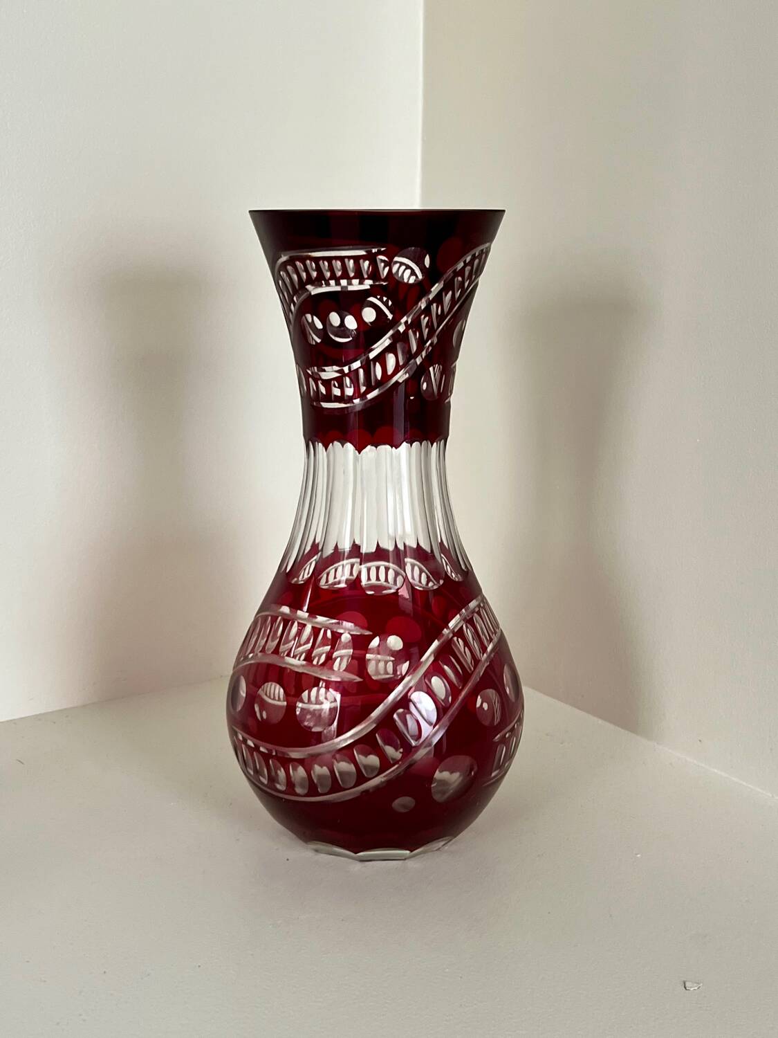 Bohemian crystal vase in ruby red color