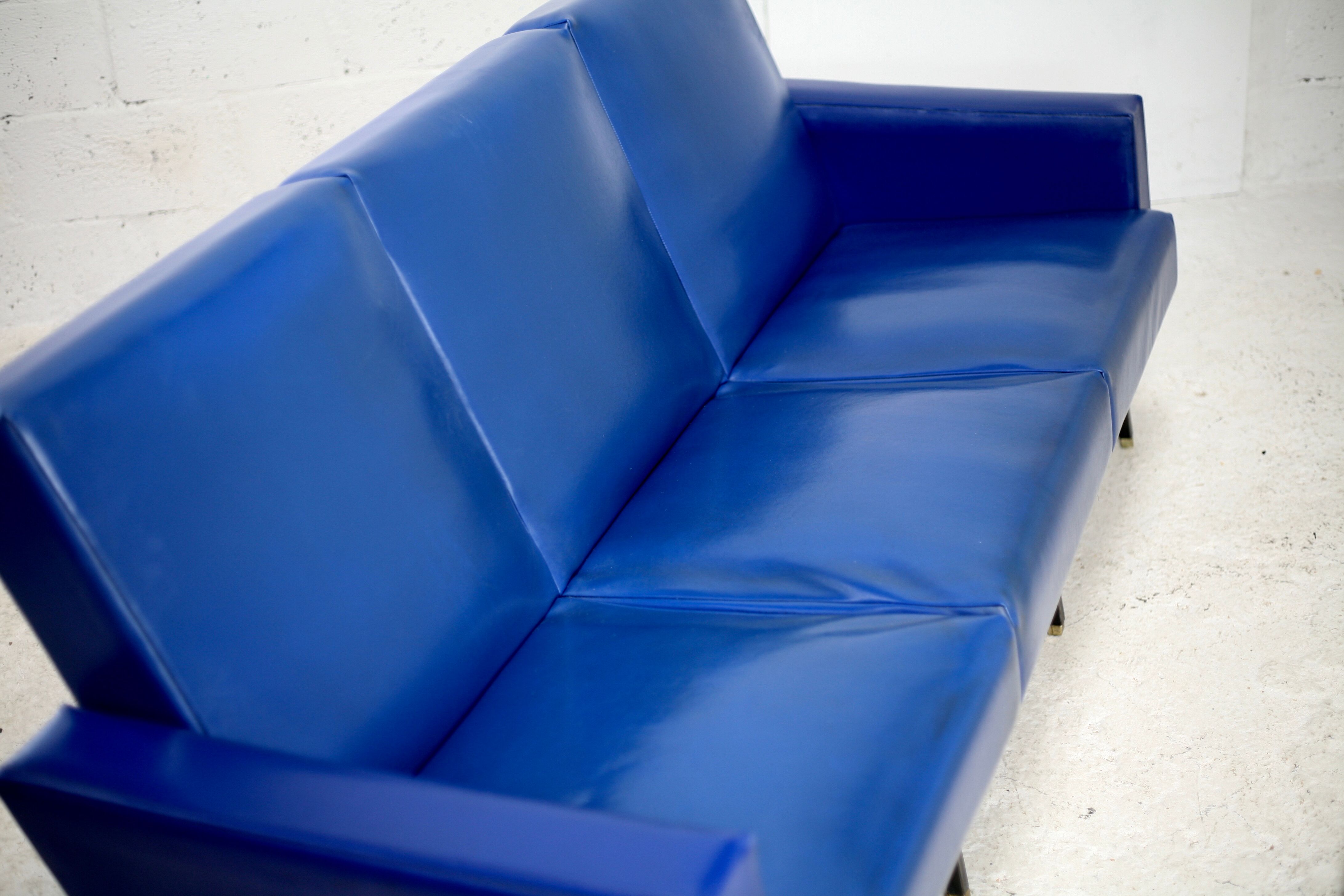 Sofa imitation leather blue and steel, 3 seats, France, circa 1960