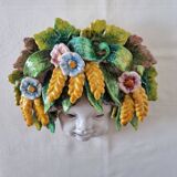 Vintage Italian ceramic wall mask, handmade, decorated with floral details