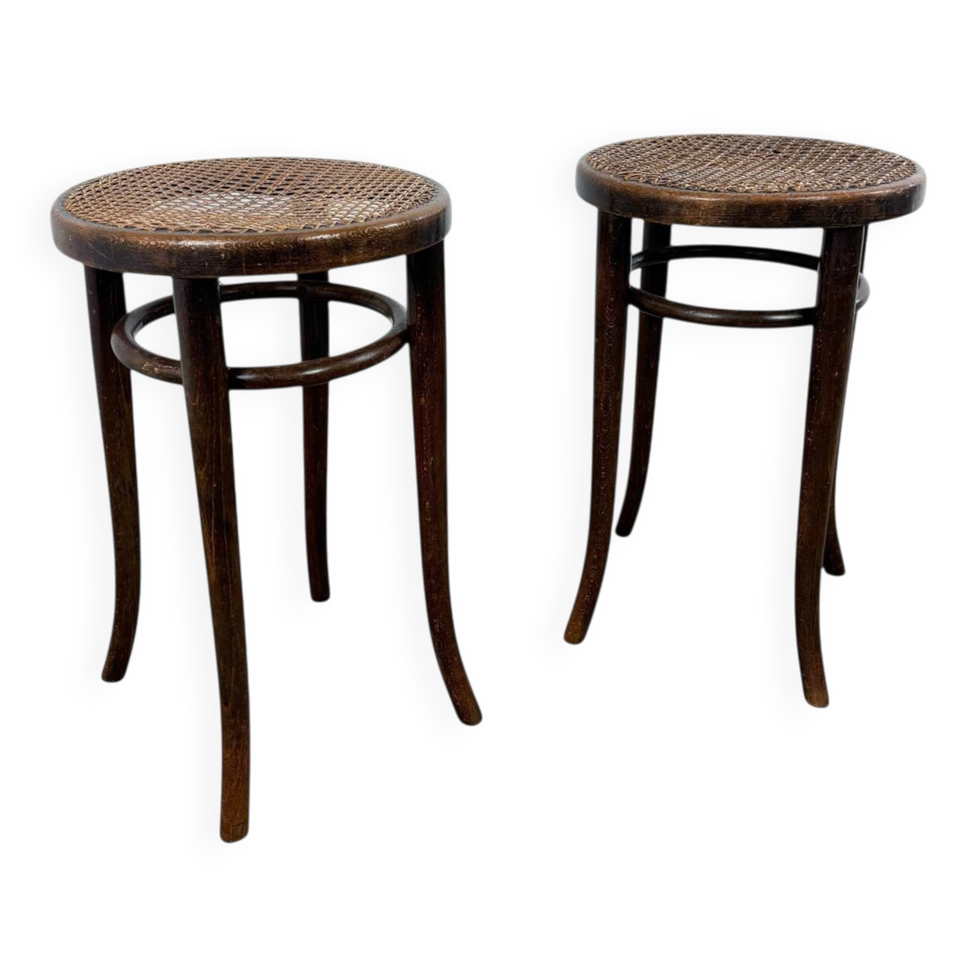 Set of 2 antique Thonet Bentwood Stools with Cane Seats