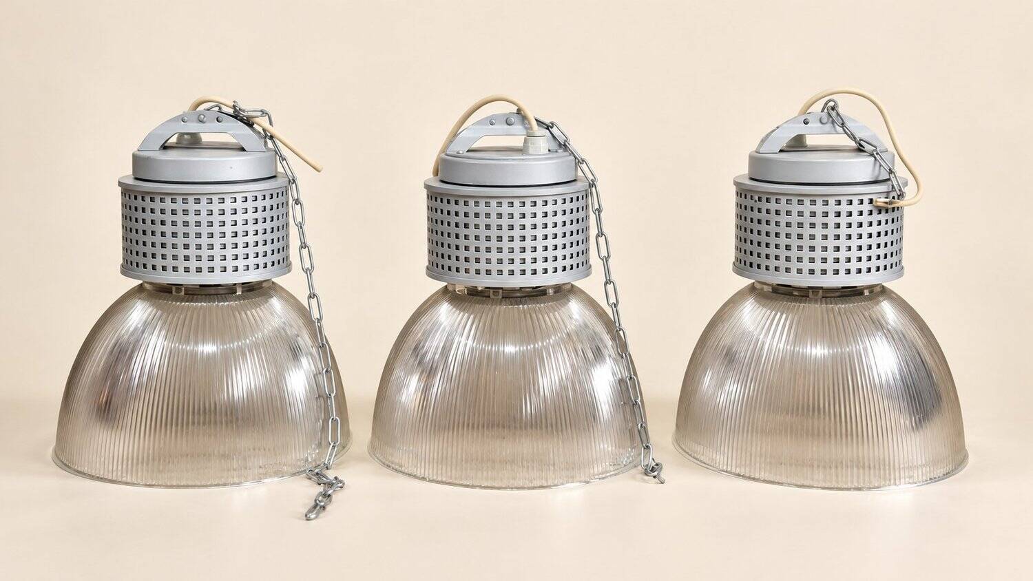 Set of 3 industrial pendants RZB Holophane glass - 1990s