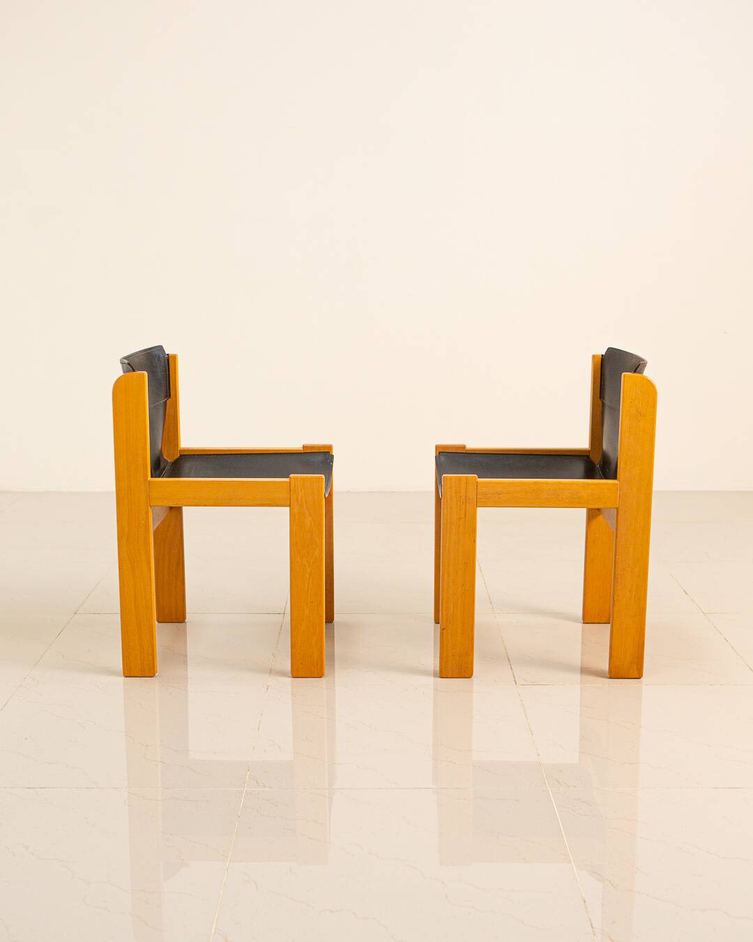 Set of 4 Italian chairs in wood and leather by Ibisco 70's