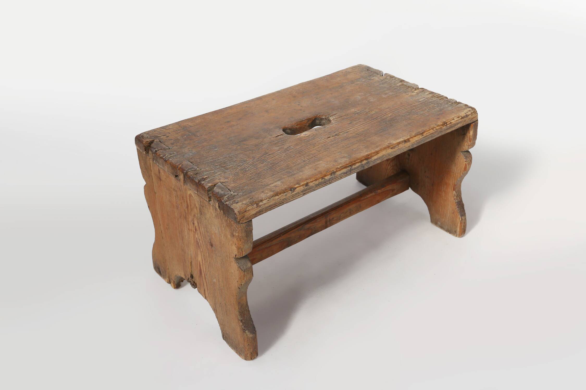 Rustic French wooden stool with beautiful patina, ca. 1900