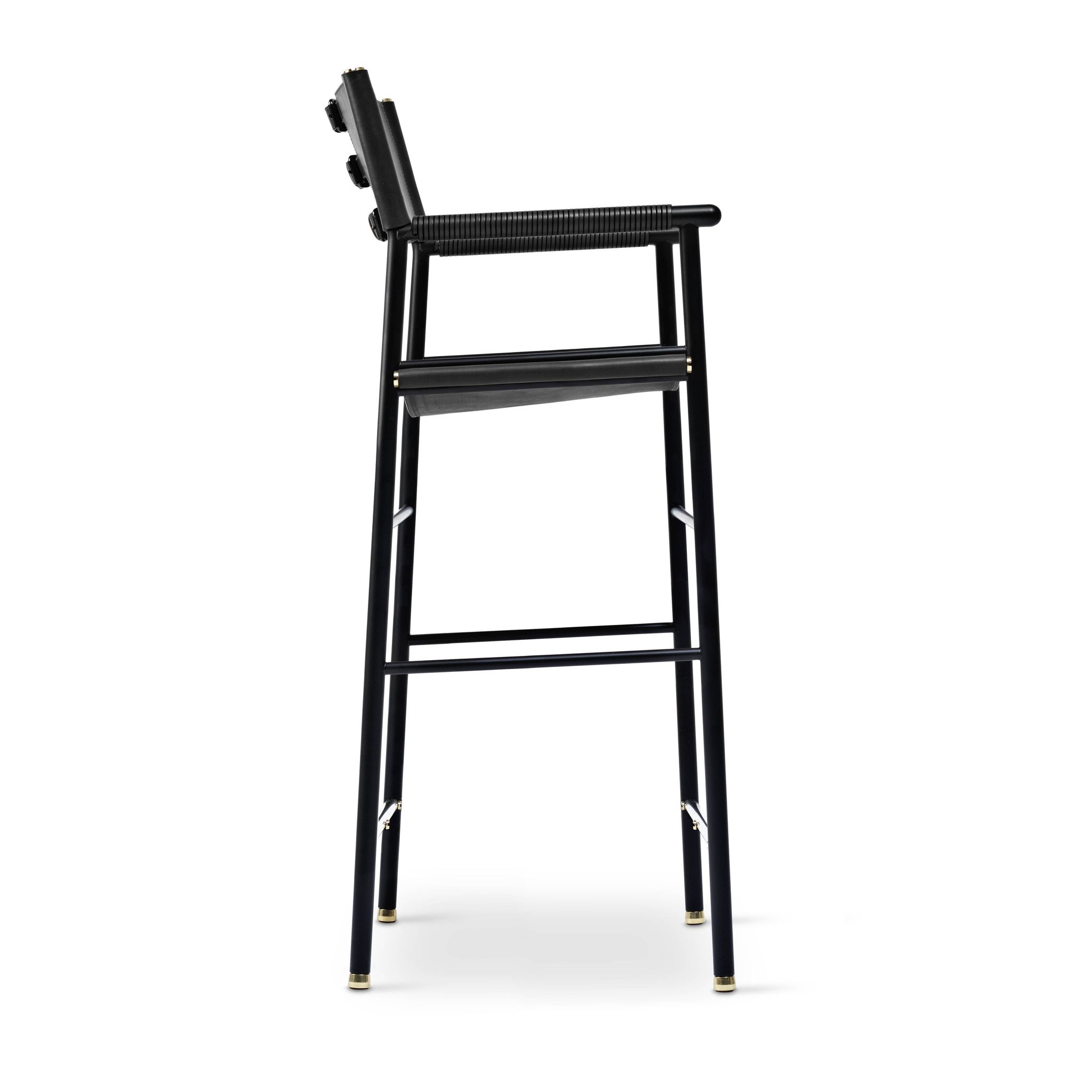 Contemporary bar stool with black leather backrest, black rubber metal structure.