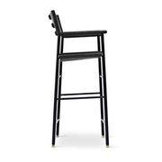 Contemporary bar stool with black leather backrest, black rubber metal structure.