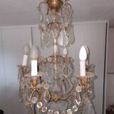 Brass chandelier with glass shaft, crystal tassel plates and daggers - 6 lights