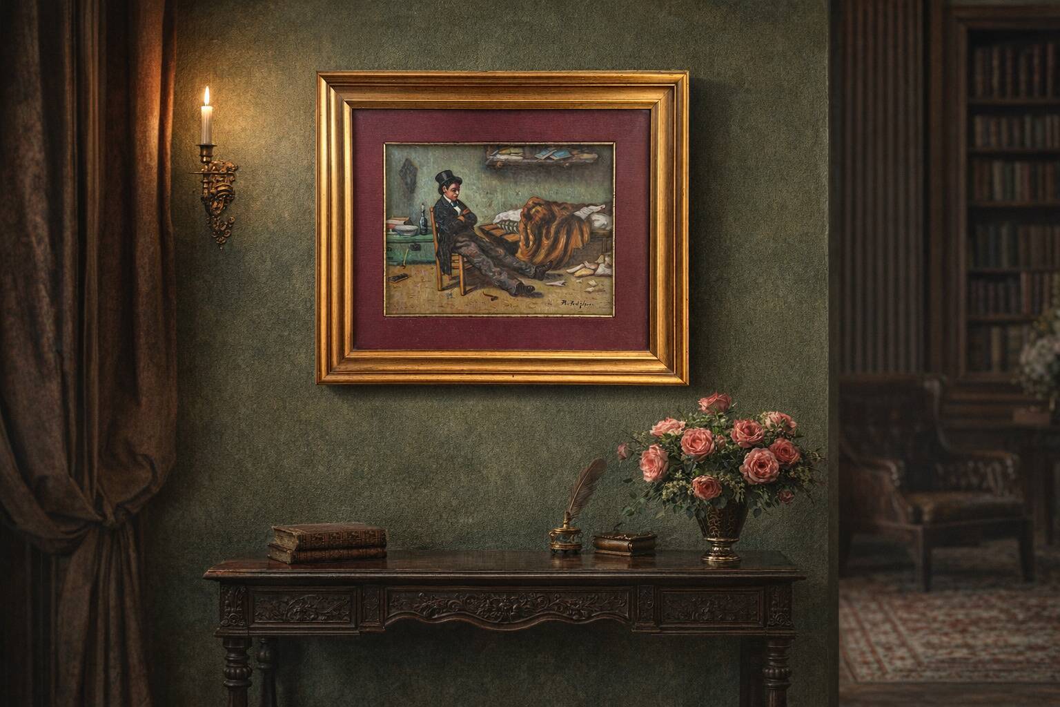 Quadro d'Artiste "Le Poète" A. Pontiglione Vintage Années '80 avec Cadre Doré