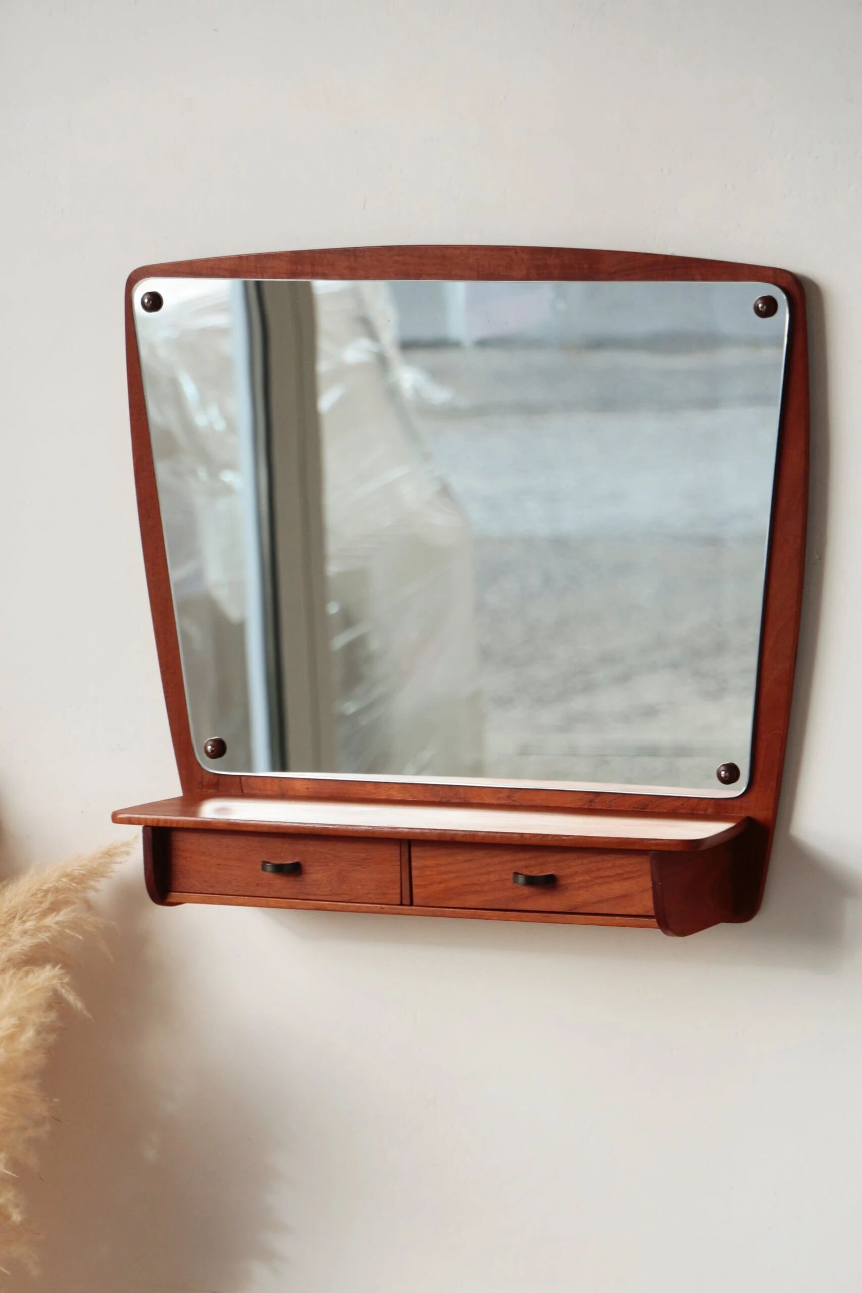 Scandinavian wall mirror in teak with drawers – mid-century Danish design