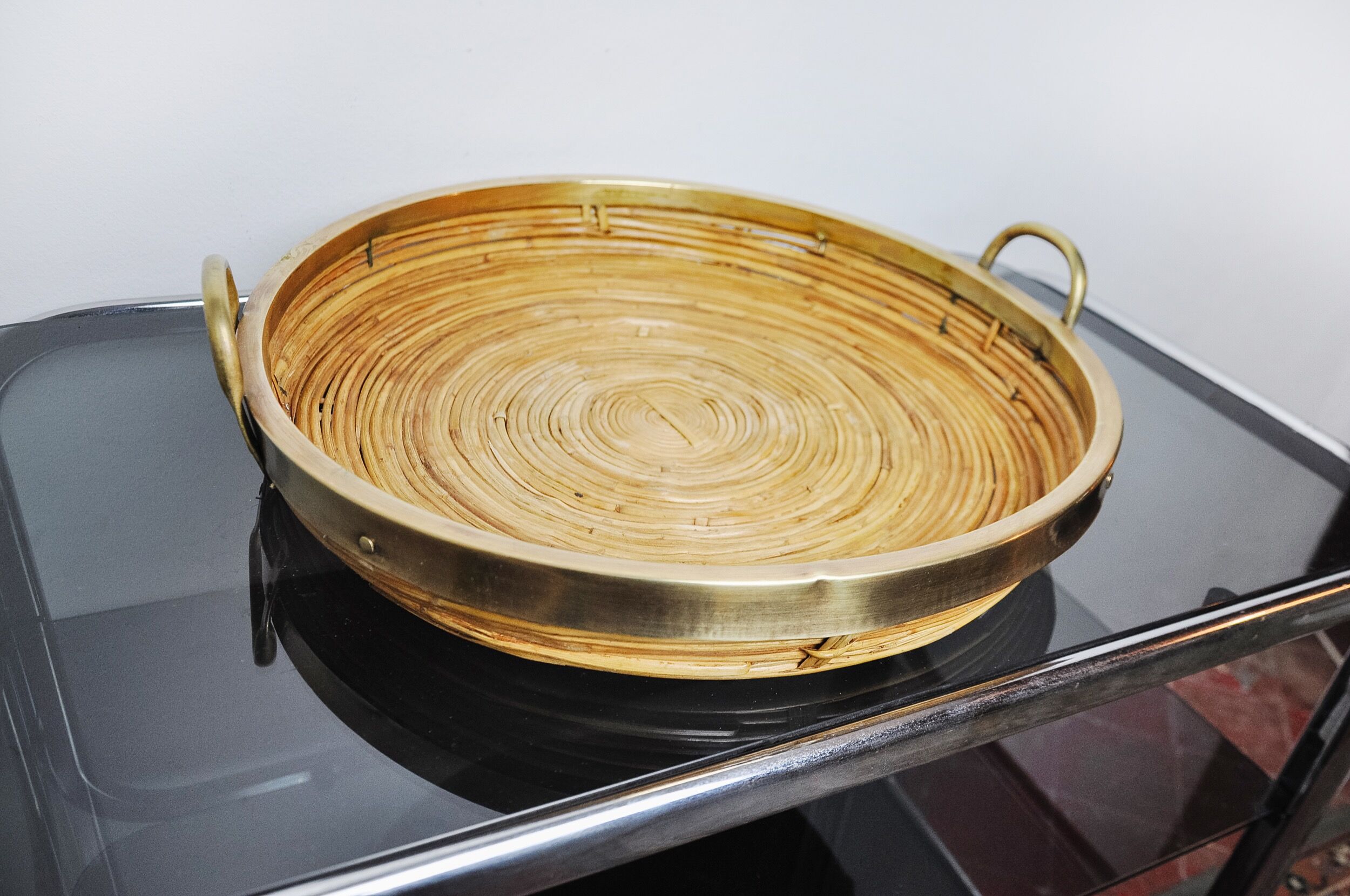 Rattan and brass basket, Italy, 1970