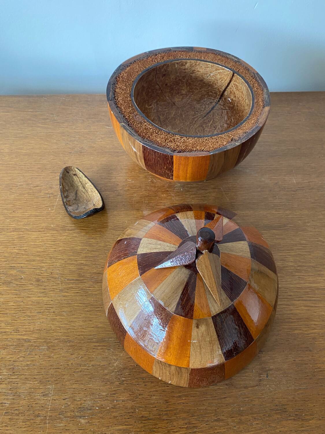 Antique Coconut Ice Bucket Wood Marquetry 1950s Vintage