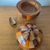 Antique Coconut Ice Bucket Wood Marquetry 1950s Vintage