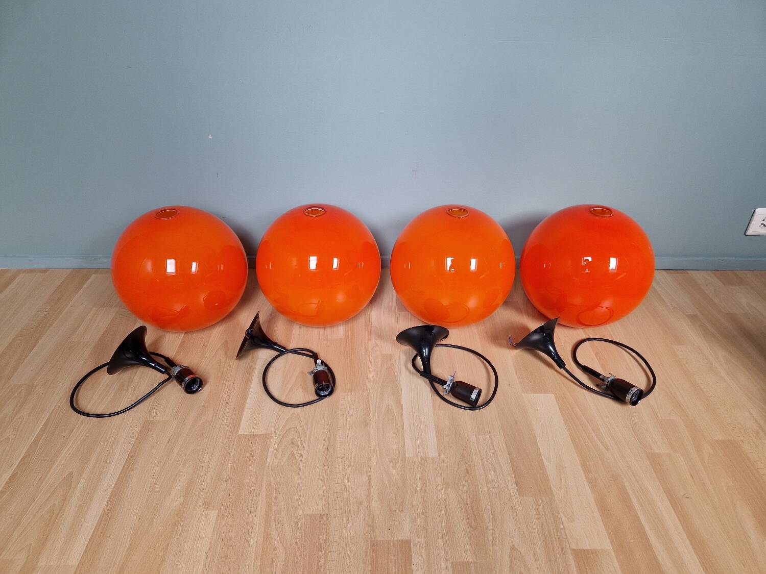 Vintage orange opaline glass pendant light (4 available), 1970s