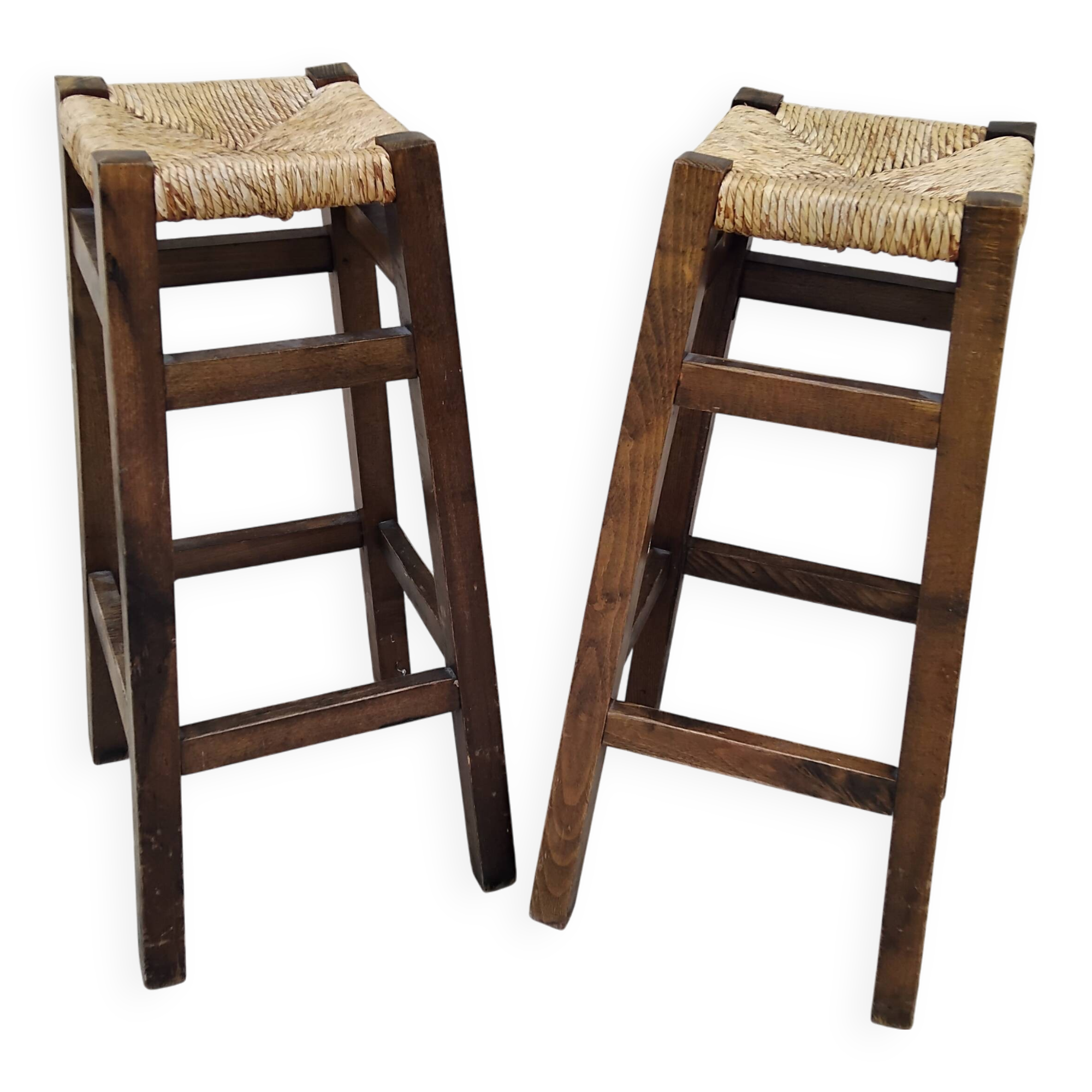 Pair of vintage stools with straw seats