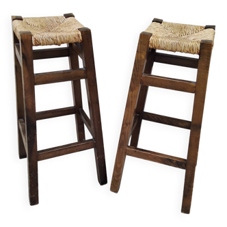 Pair of vintage stools with straw seats