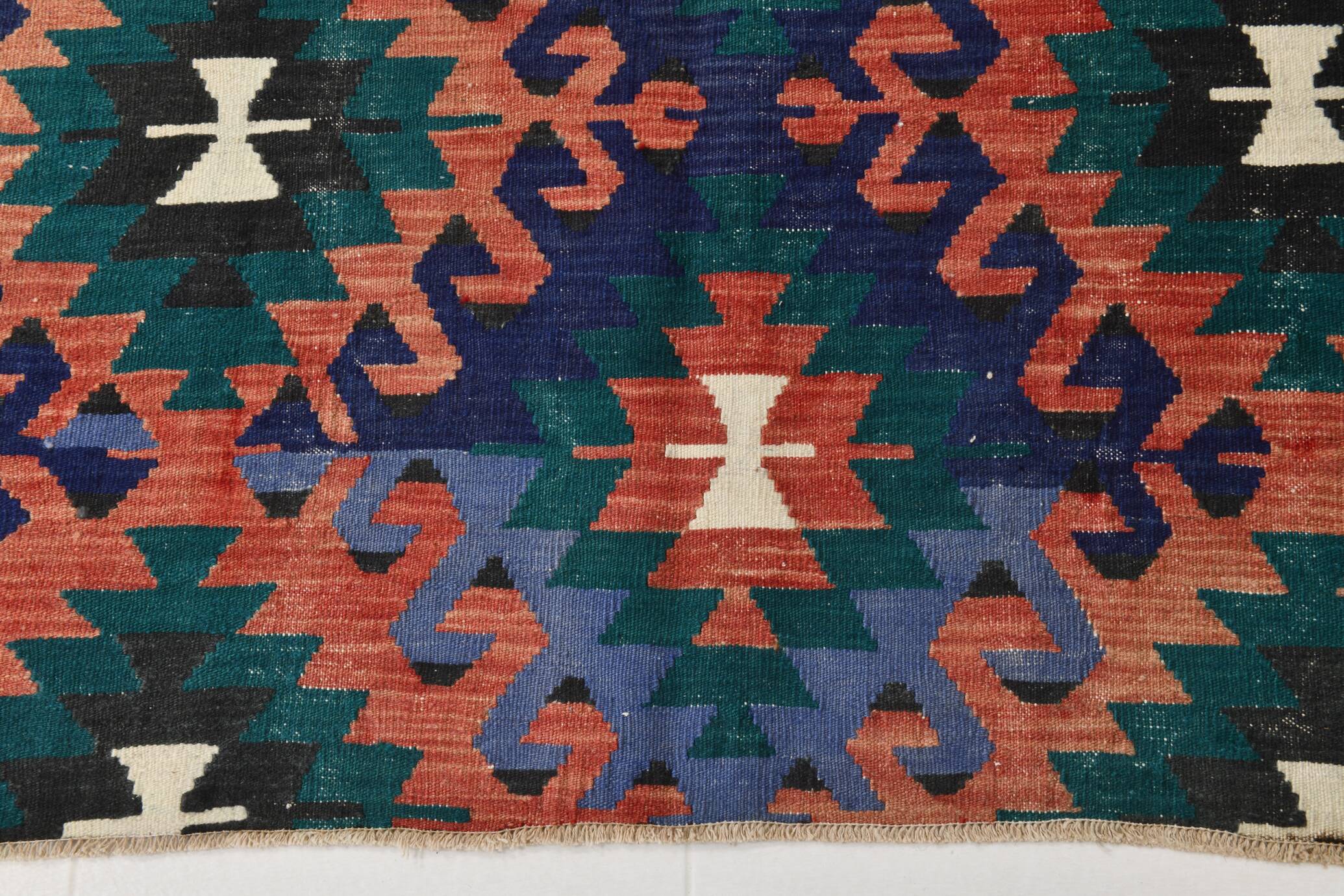 Red & Blue Geometric Vintage Kilim Rug, 158x238Cm