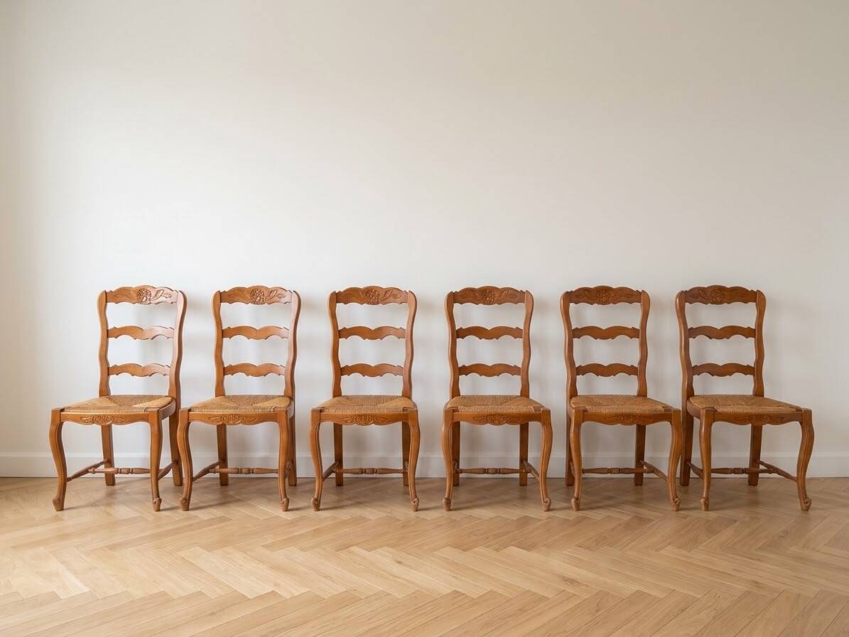Set of 6 antique chairs in solid cherry wood and woven straw.