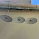Trio of vintage pendant lampshades in enamelled sheet metal with gold threads