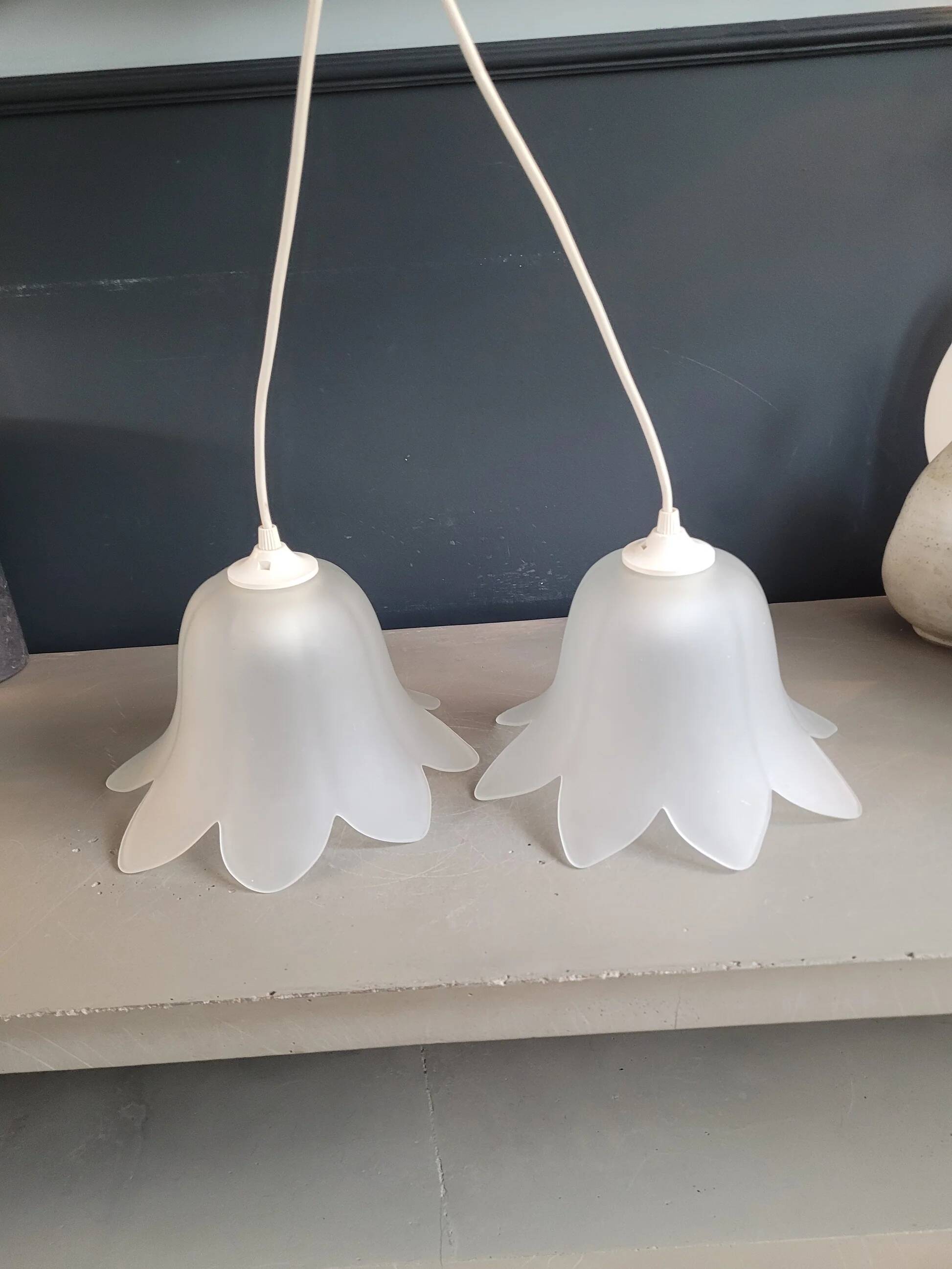 Pair of frosted glass flower pendant lights