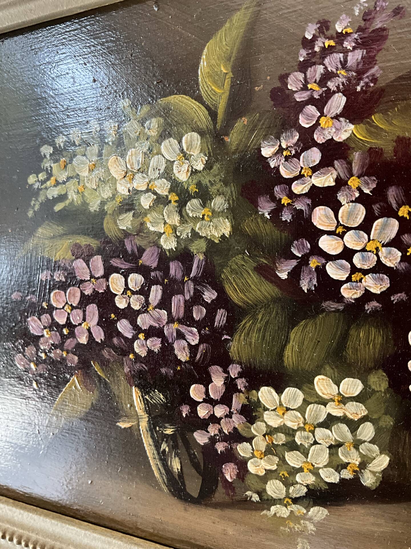 Huile sur panneau ancienne, bouquet de fleurs, cadre en bois sculpté d