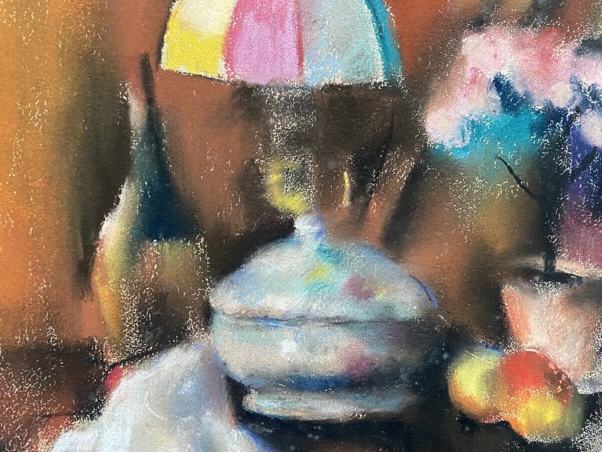 Still life with lamp, signed pastel