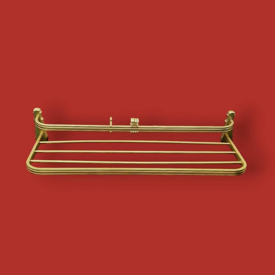 Vintage wall-mounted coat rack in anodised gold aluminium with hat holder.