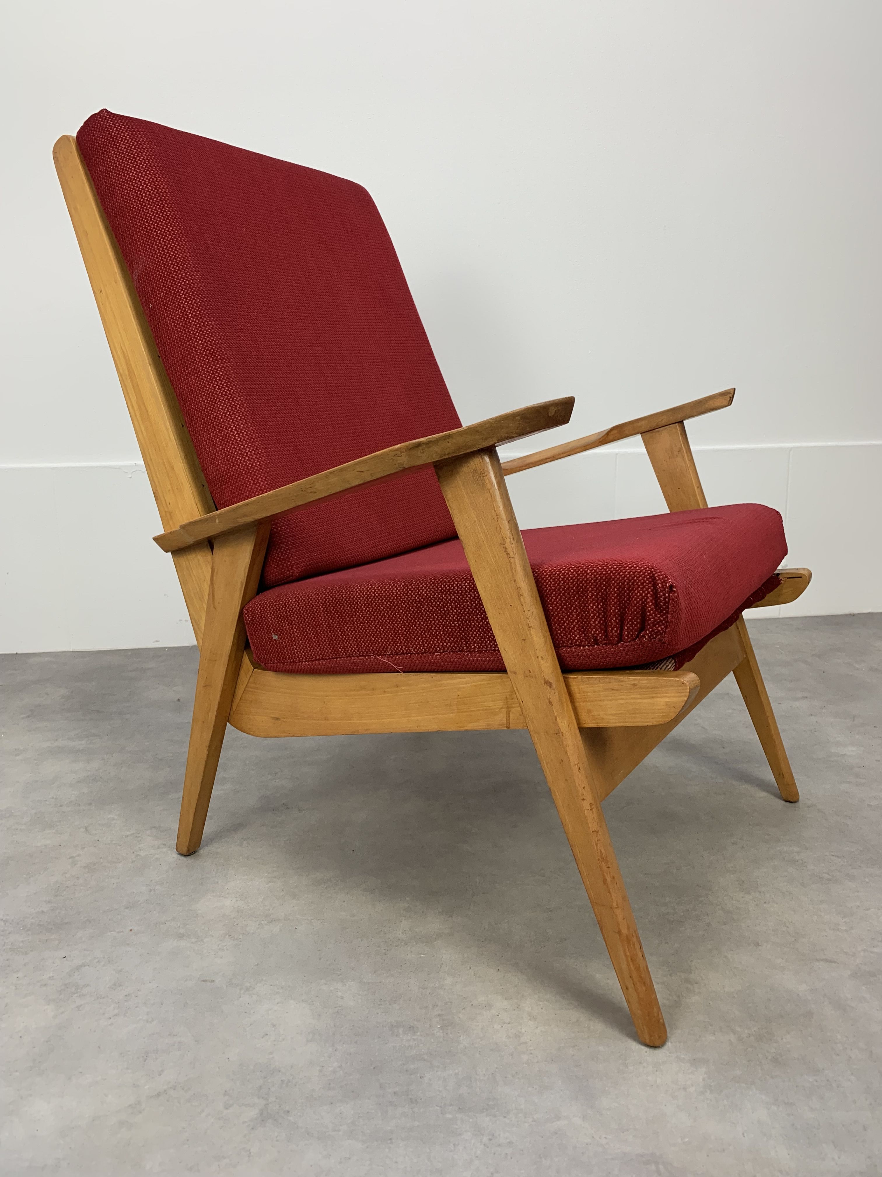 Pair of 50s vintage boomerang armchairs velvet and wood
