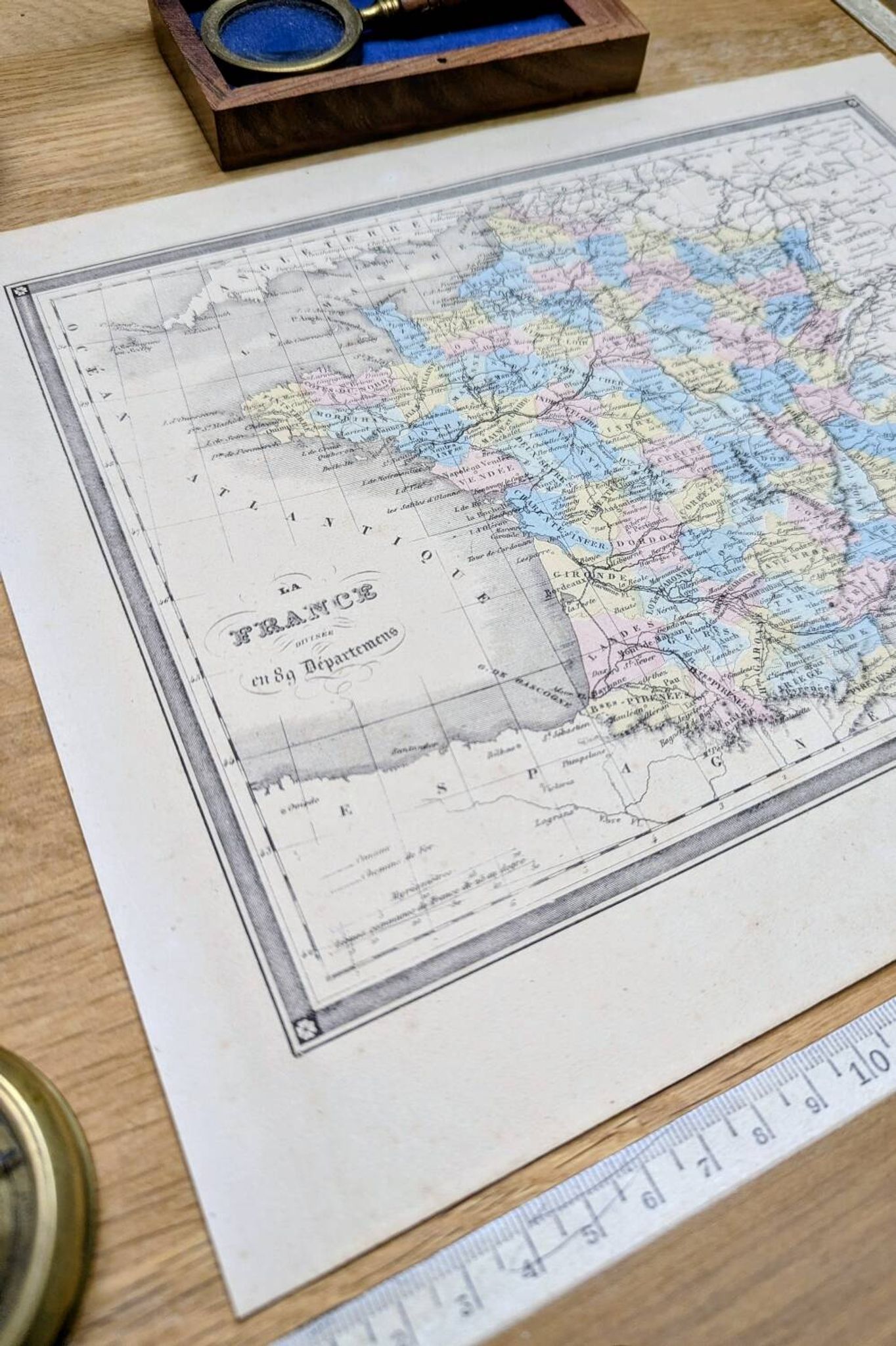 France and departments, old map, printed in 1852. Authentic.