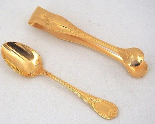 Christofle Marly gold, 10 mocha spoons, coffee, 10 cm + gold metal sugar tongs