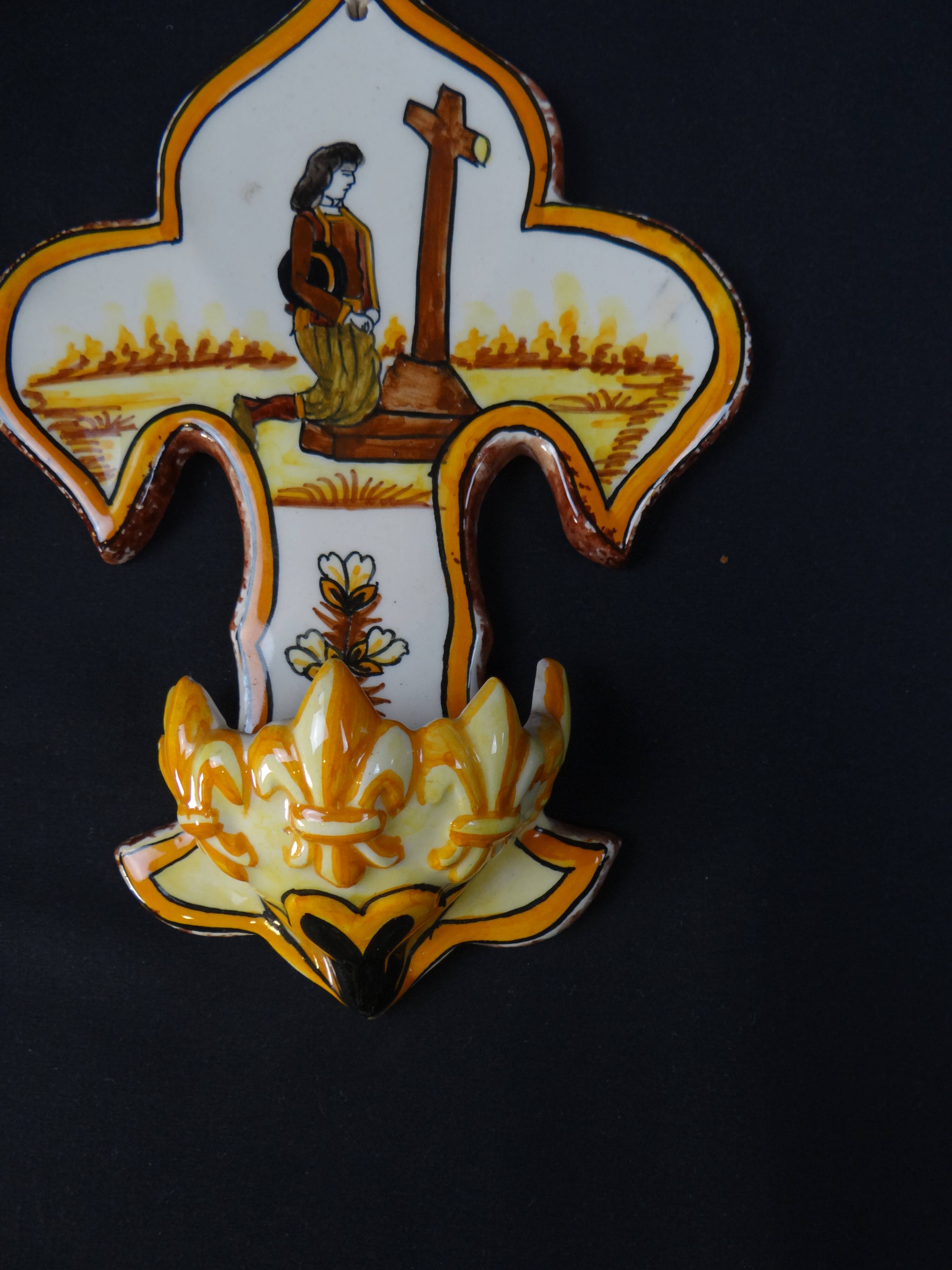 Polychrome earthenware holy water font signed Henriot Quimper from the 60s vintage