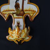 Polychrome earthenware holy water font signed Henriot Quimper from the 60s vintage