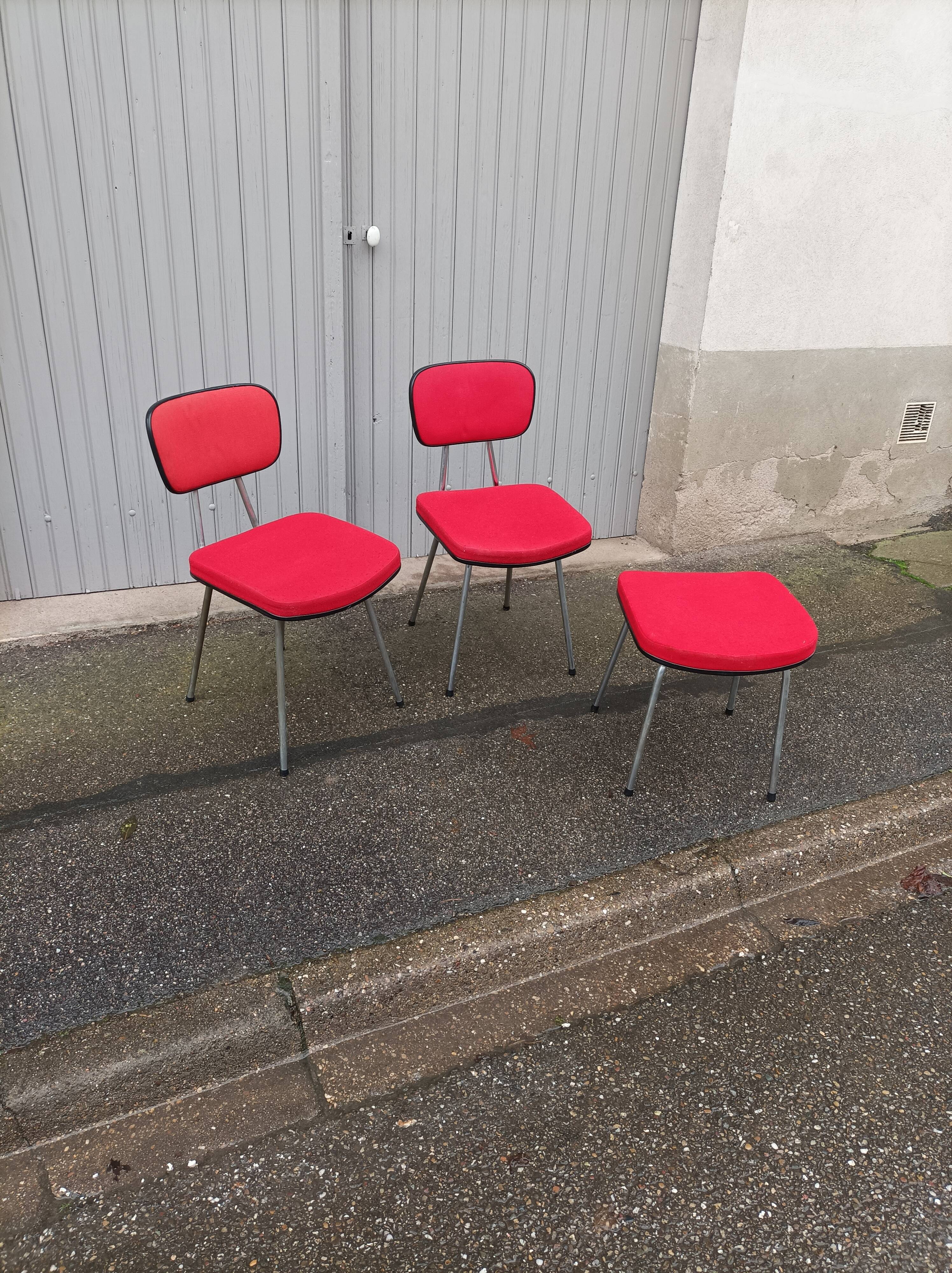 Set of 2 chairs and 1 vintage stool red fabric