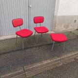 Set of 2 chairs and 1 vintage stool red fabric