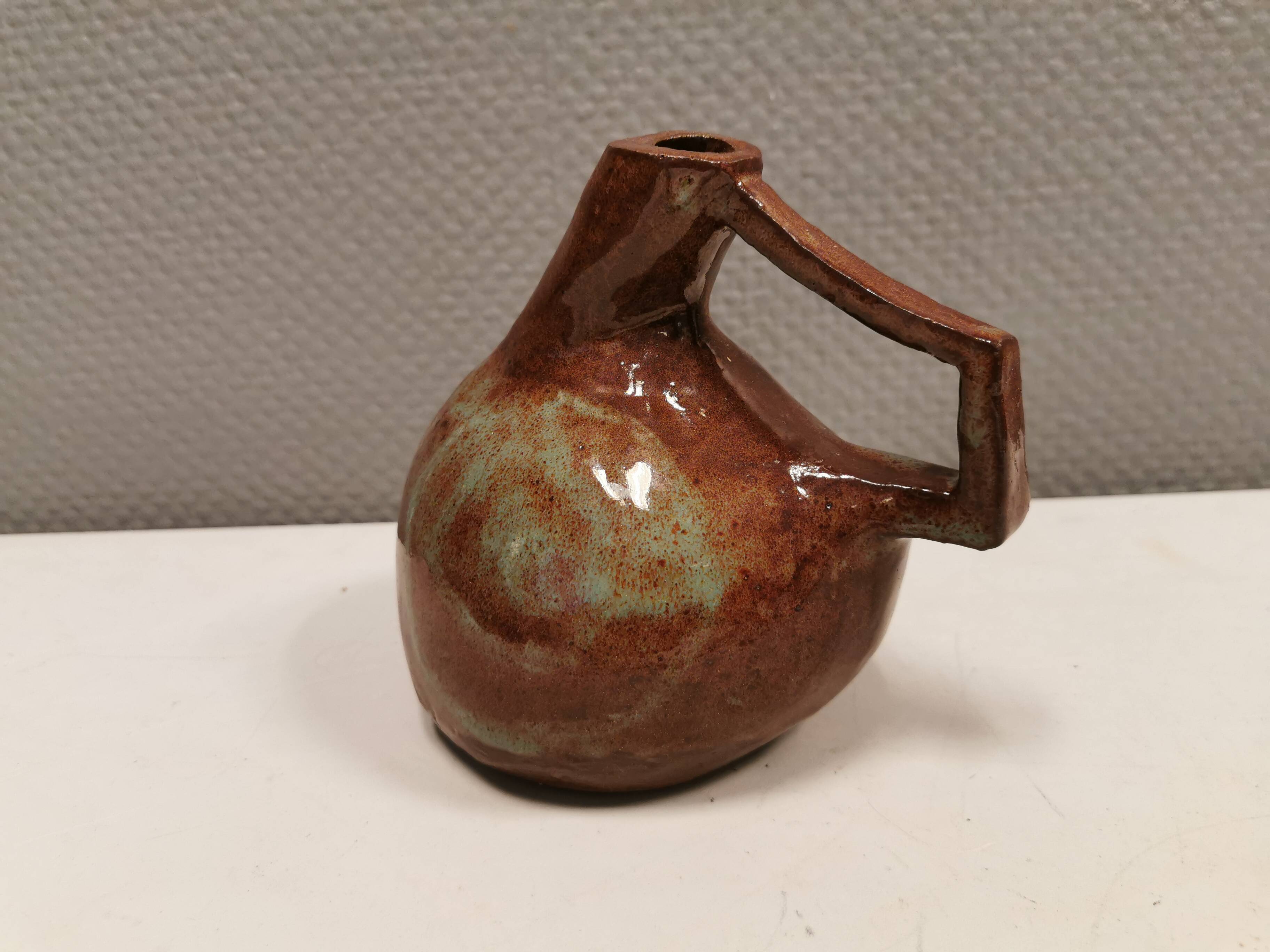 Ceramic jug/vase, Danish in beautiful earthy brown colours with light blue/green details.
