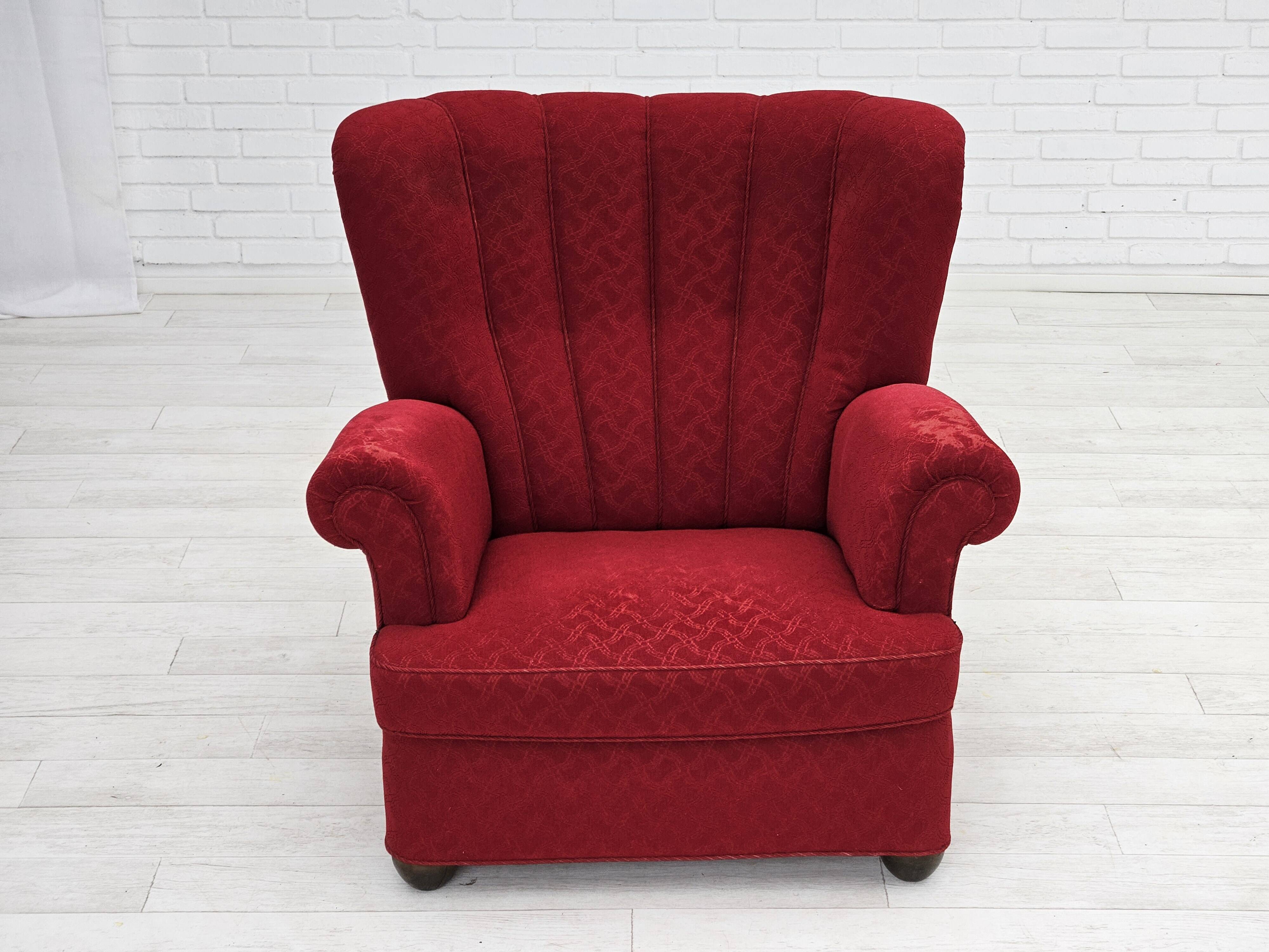 1960s, Danish relax armchair, original condition, red cotton/wool, oak wood.