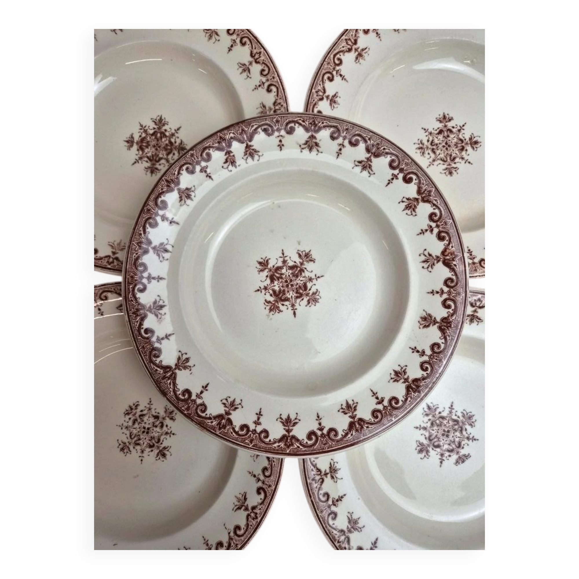Set of 5 deep plates Terre de Fer Clairefontaine Rouen sepia 19th century