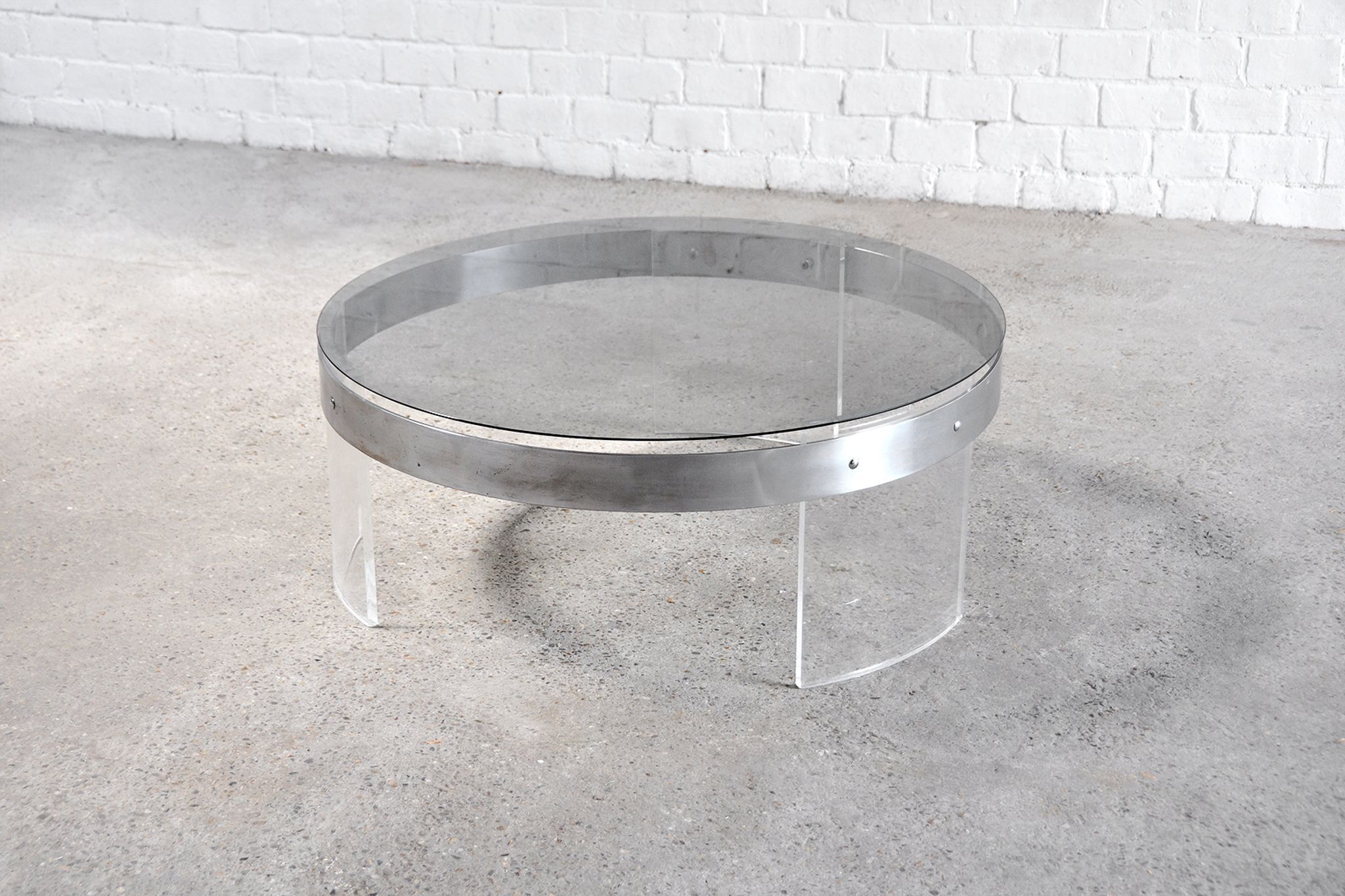 Vintage acrylic & steel glass coffee table, france 1970s