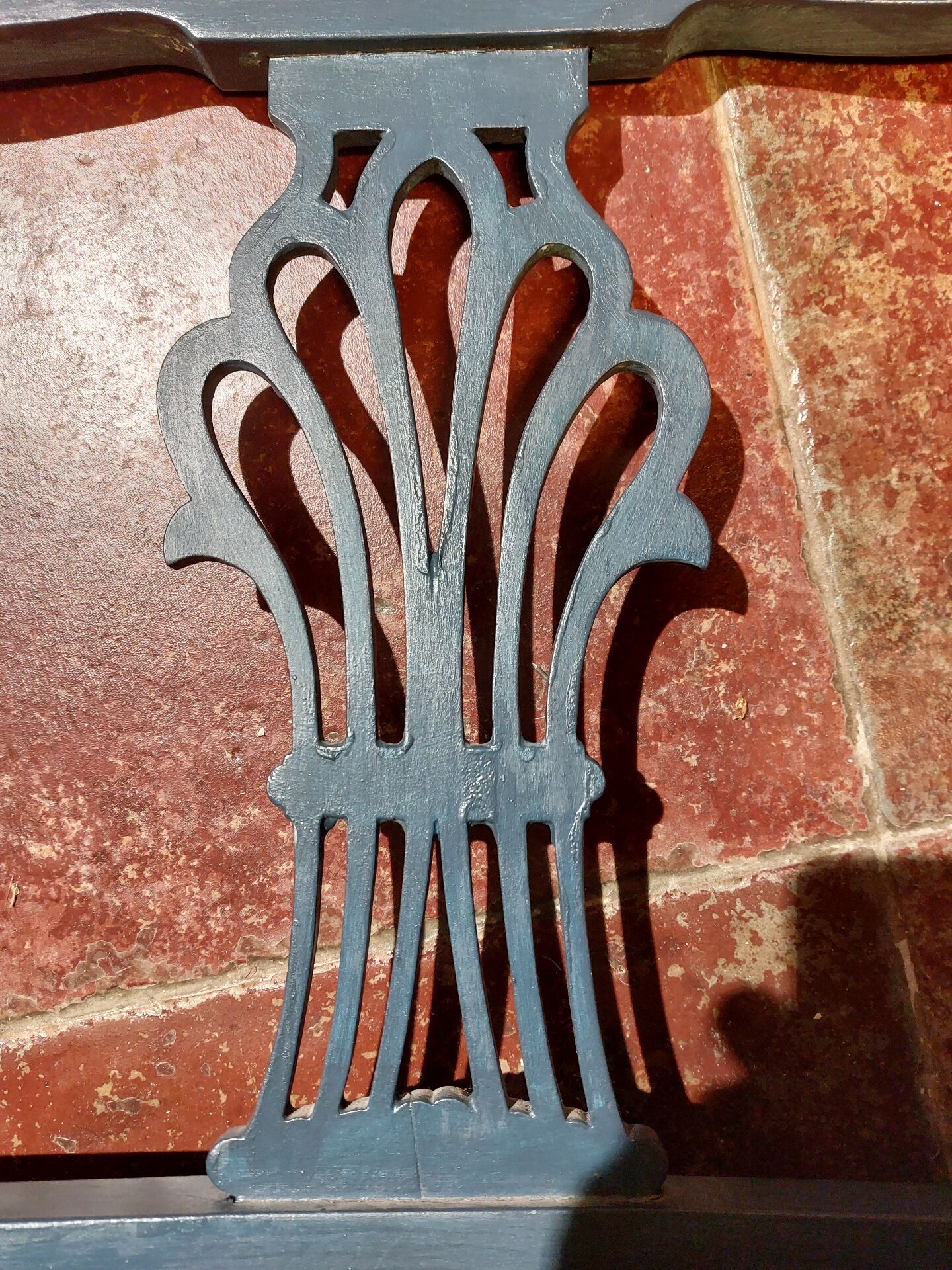 Pretty painted and upholstered bench in green and blue.