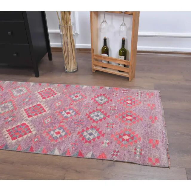 Vintage Turkish Hand-Knotted Wool Cotton Pink Runner 83x324