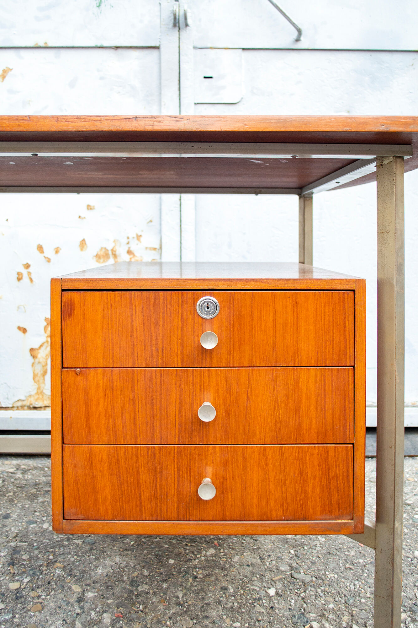 Nickel-plated metal and teak wood desk Italy, 60s
