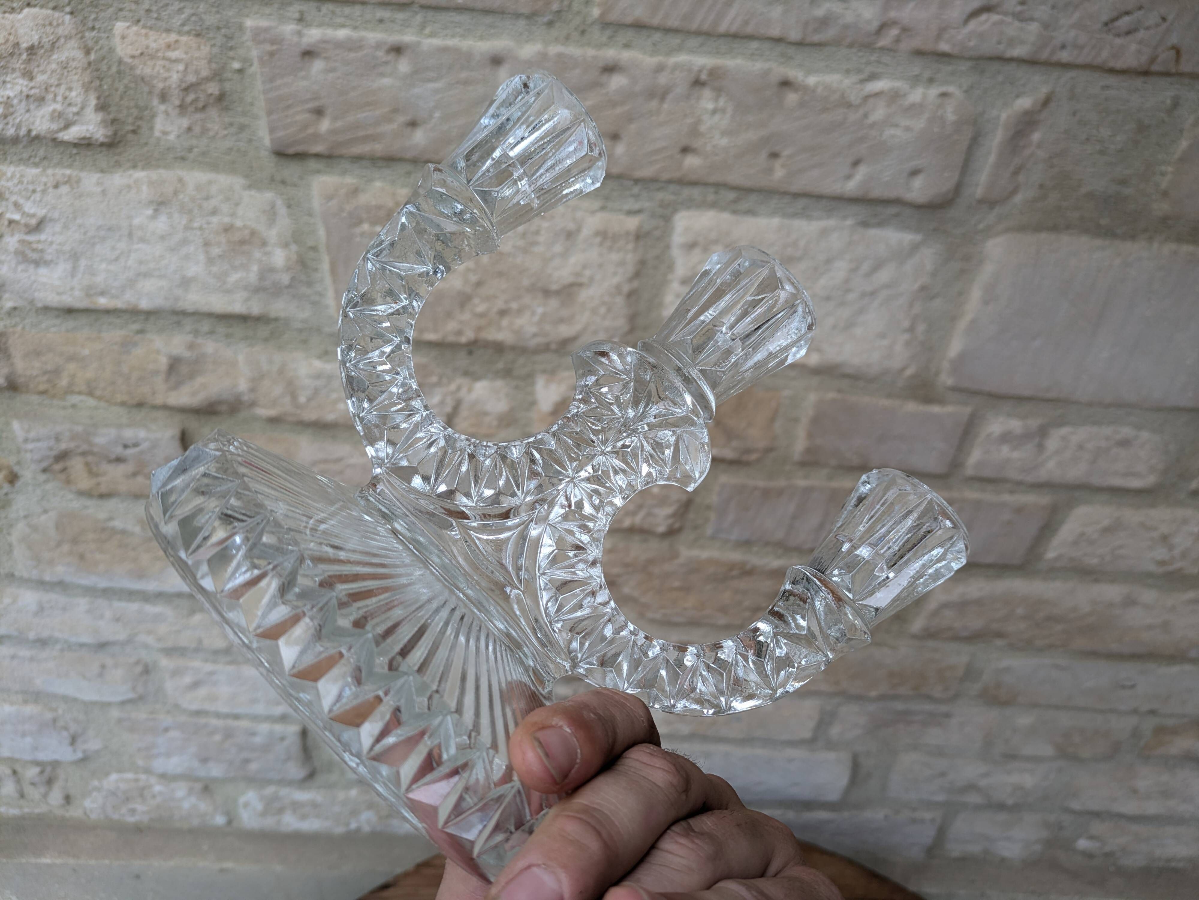 Antique molded glass candle holder for 3 taper candles