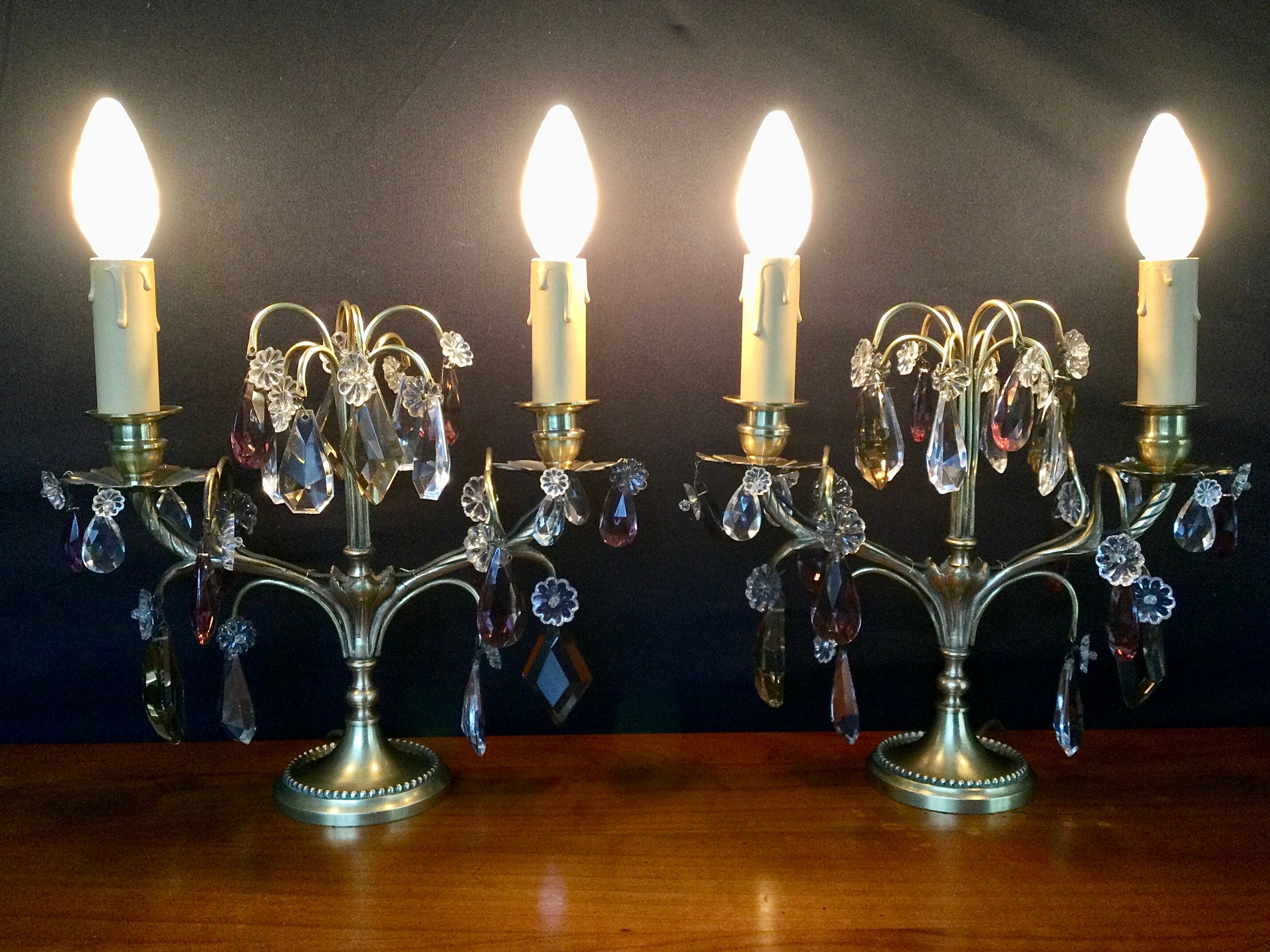 Pair of bronze and crystal girandoles