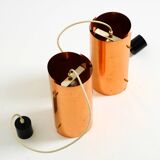 Two 50s tube pendant lamps consisting of two screwed-together copper bowls