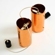 Two 50s tube pendant lamps consisting of two screwed-together copper bowls
