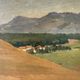 Old oil painting of a landscape on panel from 1920, haystacks.