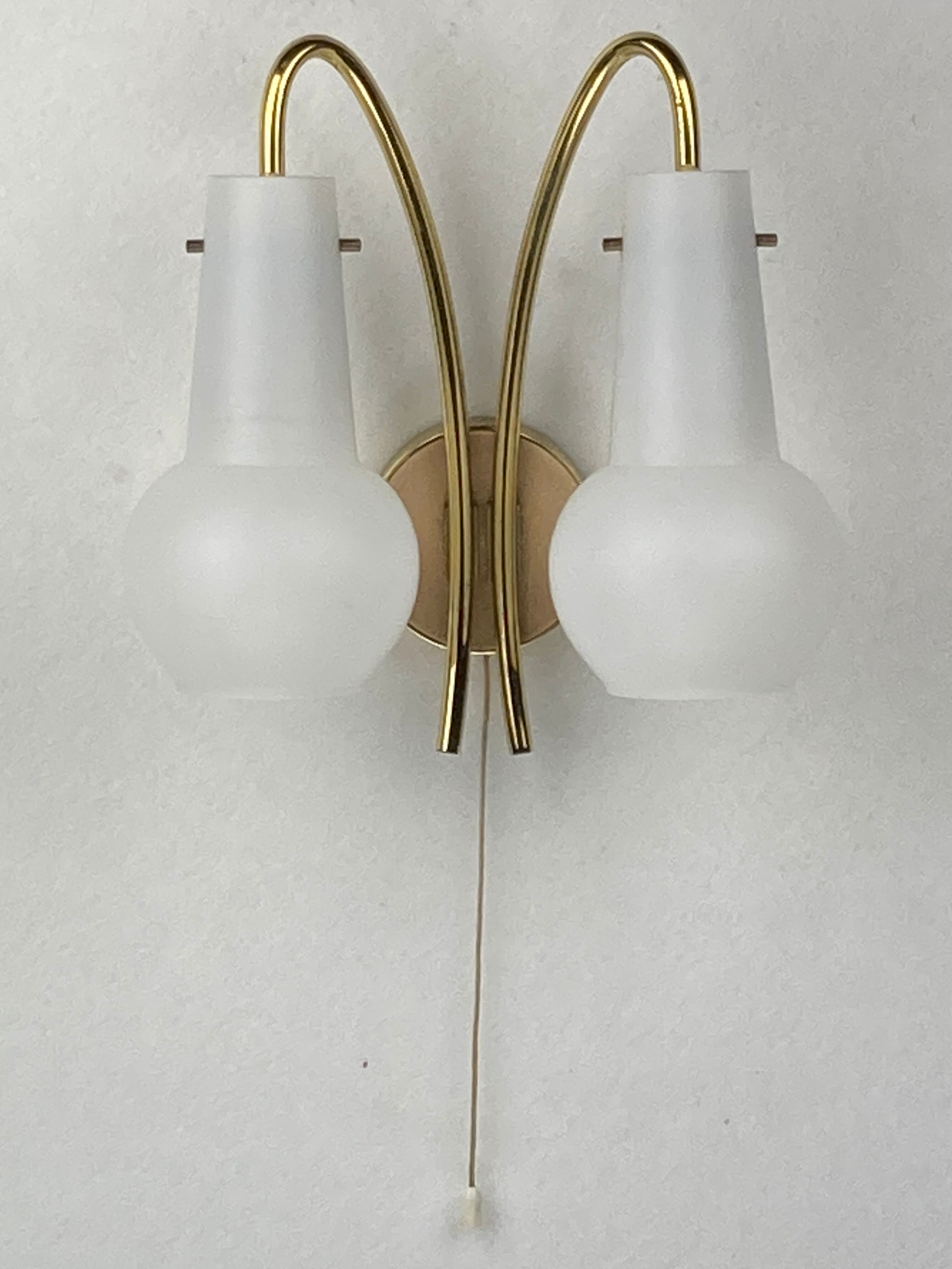 Pair brass and opaline wall sconces or bedside lamps, Austria 1950s