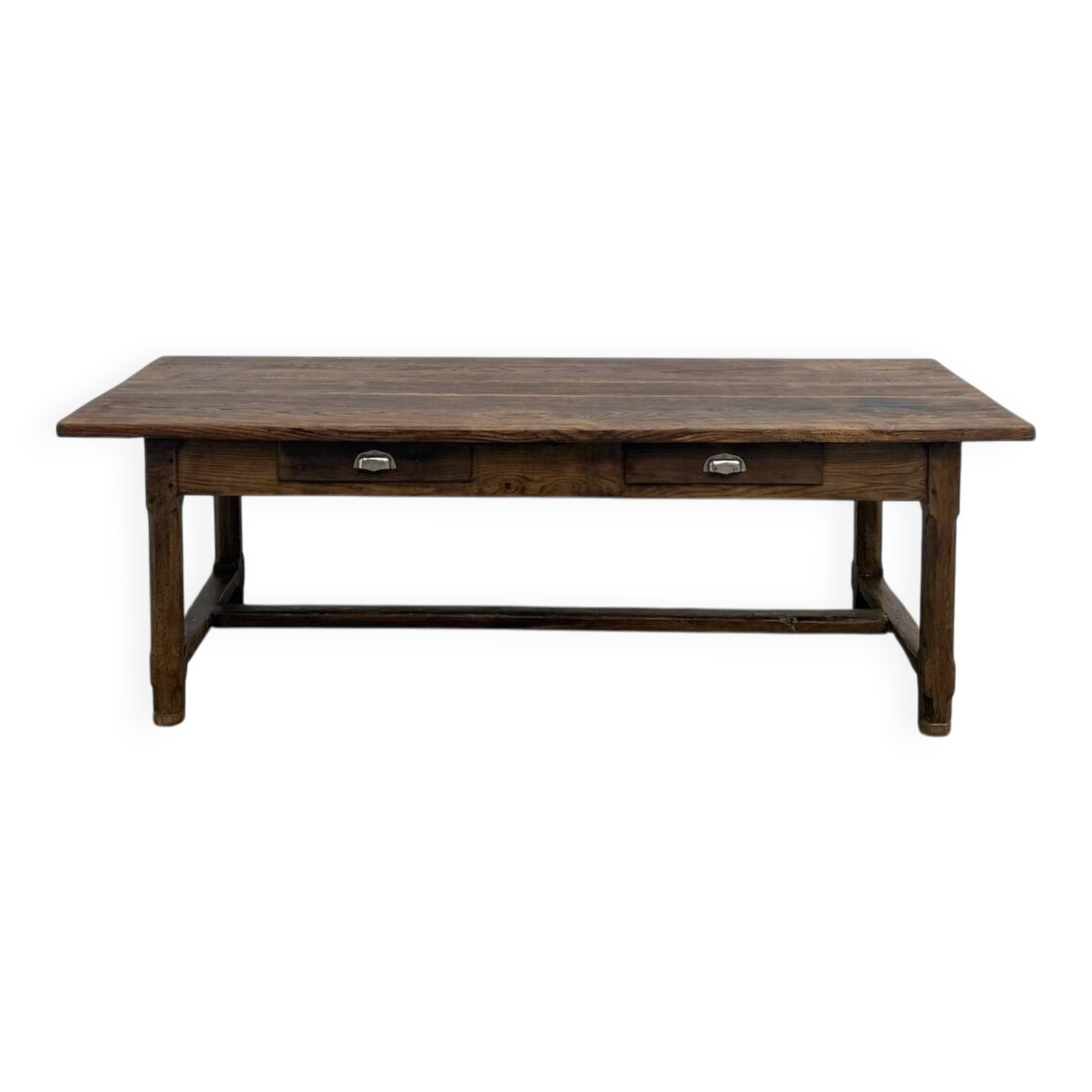 Authentic French farmhouse table from 1890 in solid oak with two drawers.