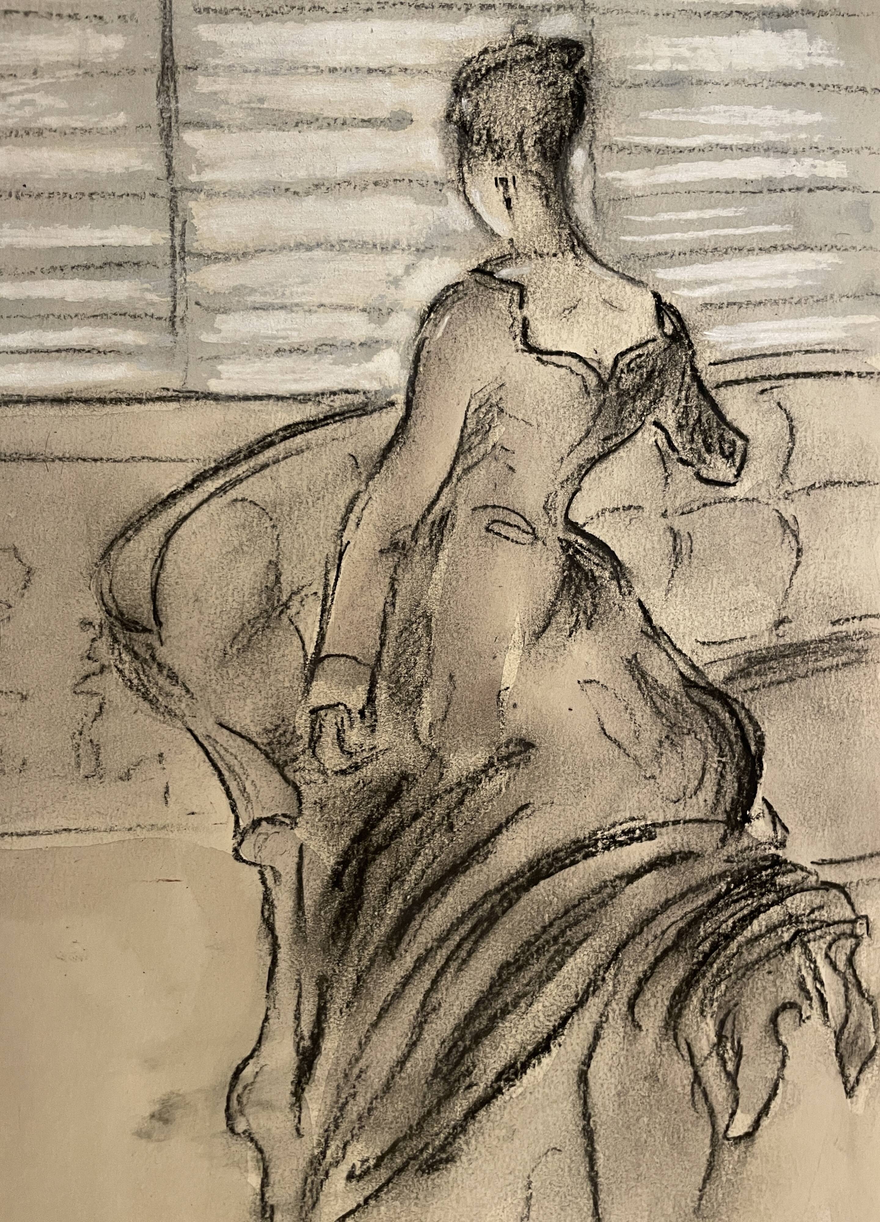 Painting signed charcoal watercolor female portrait Empire “sofa”