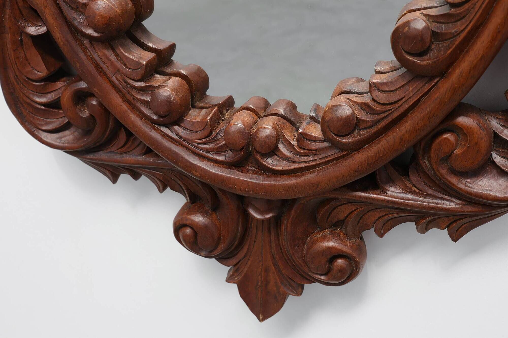 French Carved Walnut Oval Mirror with Pierced Acanthus Crest, circa 1900