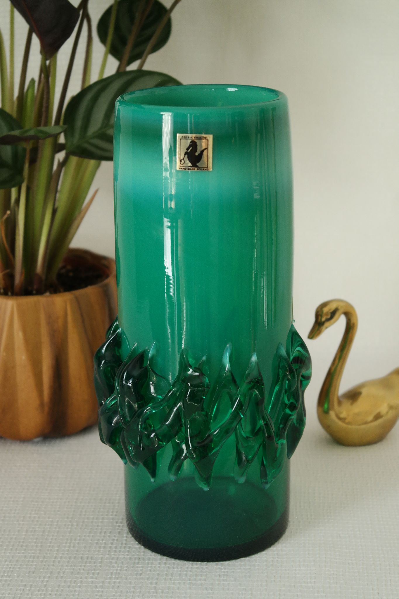 Vintage green blown glass vase, Poland